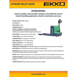 EKKO EP20LI Lithium Iron Phosphate Pallet Jack 4400 lb Capacity - Features