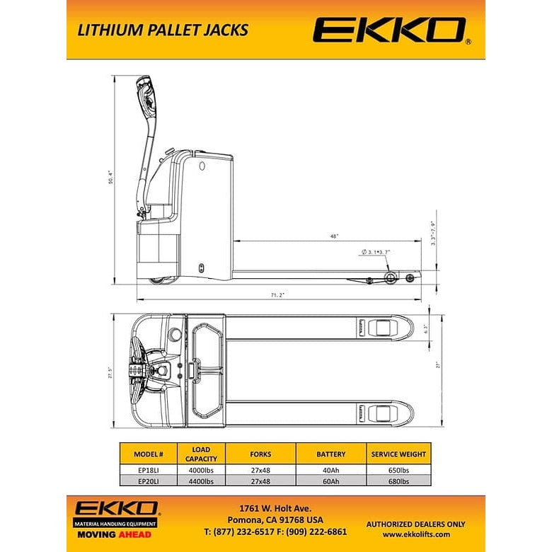 EKKO EP20LI Lithium Iron Phosphate Pallet Jack 4400 lb Capacity - 