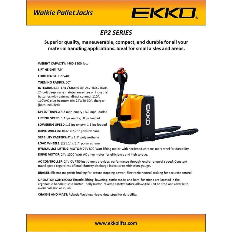 EKKO EP25E Walkie Pallet Jack 5500lbs. Capacity- specifications
