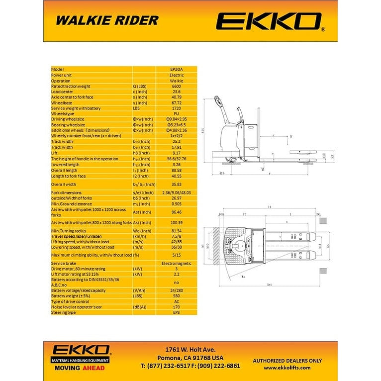 EKKO EP30A Rider Pallet Jack 6600lbs. Capacity- specification