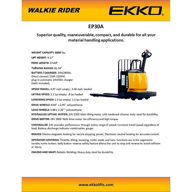 EKKO EP30A Rider Pallet Jack 6600lbs. Capacity- specifications