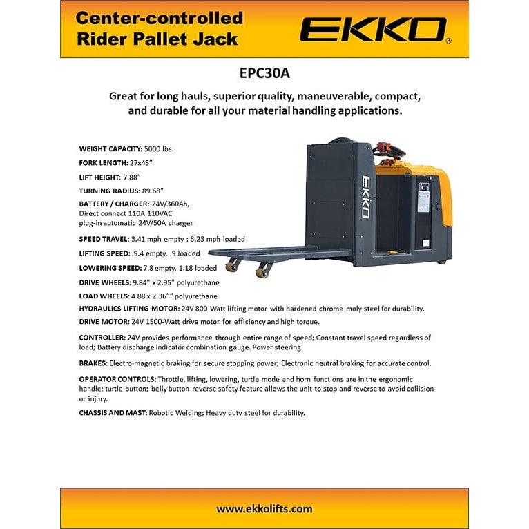 EKKO EPC30A Center-Controlled Rider Pallet Jack 5000lbs. Capacity- Product Features