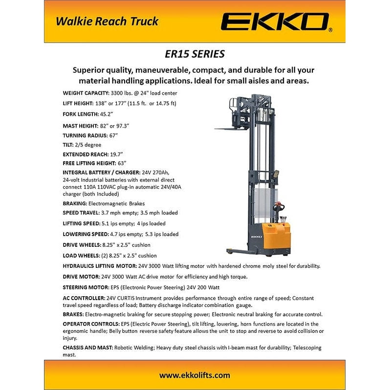 EKKO ER15 Walkie Reach Truck 3300 lb Cap., 177" Height, Side Shift- specifications