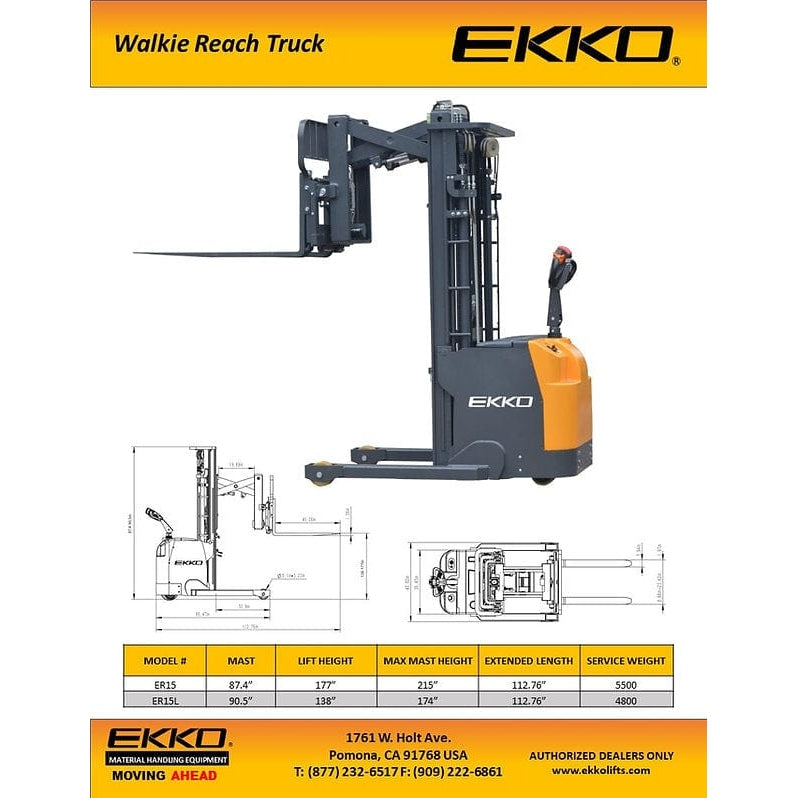 EKKO ER15 Walkie Reach Truck 3300 lb Cap., 177" Height, Side Shift- specifications