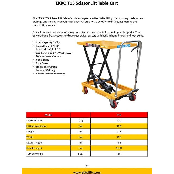 EKKO T15 Scissor Lift Table Cart 330 lb Capacity Features
