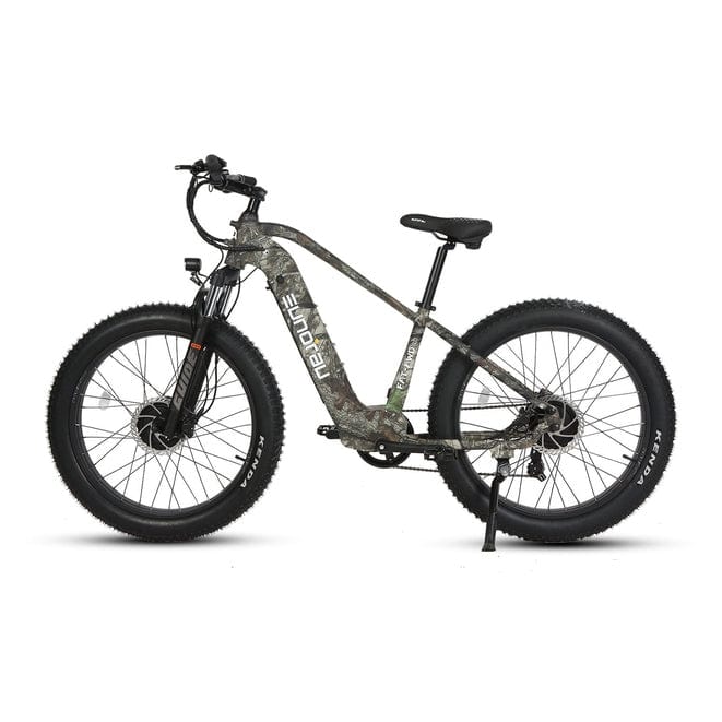 Eunorau FAT-AWD 2.0 Dual Motor Fat Tire Electric Mountain Bike in step over style in maple color facing the left