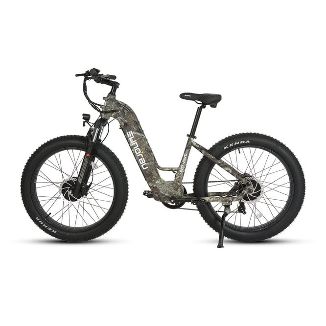 Eunorau FAT-AWD 2.0 Dual Motor Fat Tire Electric Mountain Bike in step thru style in maple color facing the left