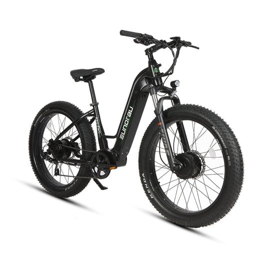 Eunorau FAT-AWD 2.0 Dual Motor Fat Tire Electric Mountain Bike in step thru style in raven color in front view