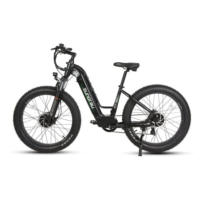 Eunorau FAT-AWD 2.0 Dual Motor Fat Tire Electric Mountain Bike in step thru style in raven color facing the left