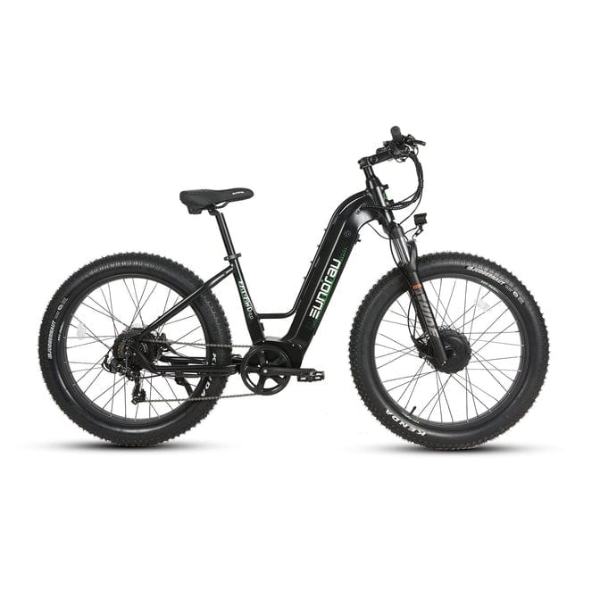 Eunorau FAT-AWD 2.0 Dual Motor Fat Tire Electric Mountain Bike in step thru style in raven color facing the right