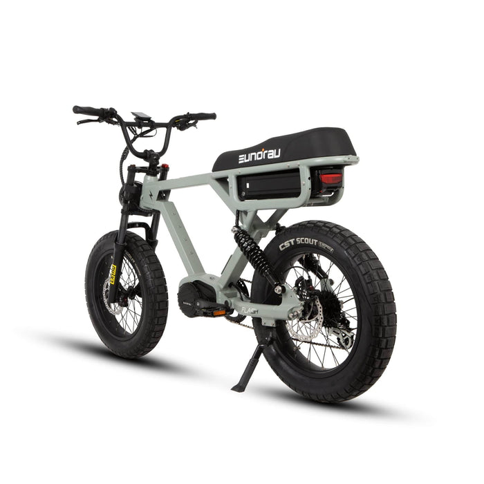 Eunorau Flash Folding Electric Commuter Bike in lunar dust color in rear view