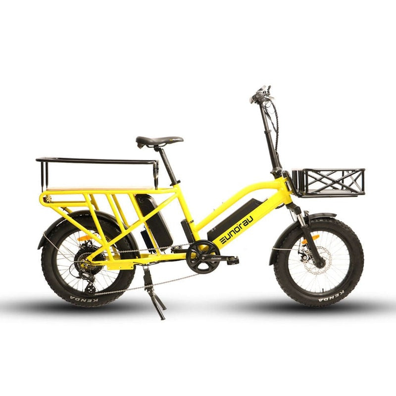Eunorau G30-Cargo Electric Utility Bike in yellow color with basket facing the right