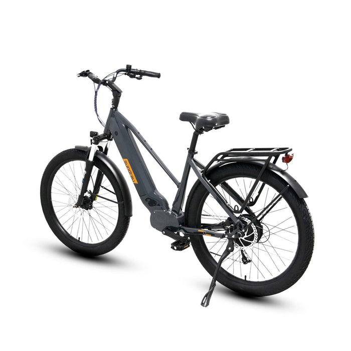 Eunorau Meta 275 Electric Full Suspension Mountain Bike in gray color with step over style in rear view