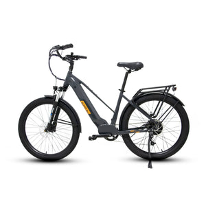 Eunorau Meta 275 Electric Full Suspension Mountain Bike in gray color with step over style facing the left