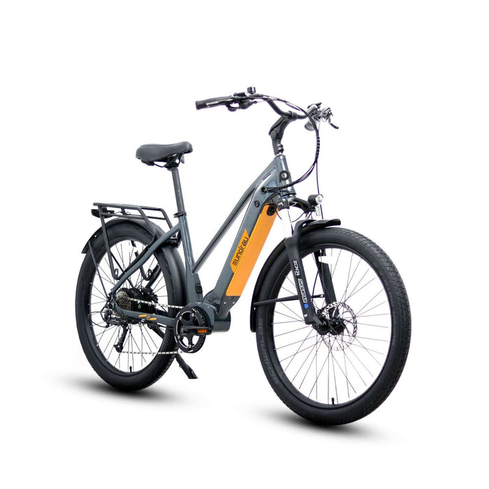 Eunorau Meta 275 Electric Full Suspension Mountain Bike in gray color with step over style in front view