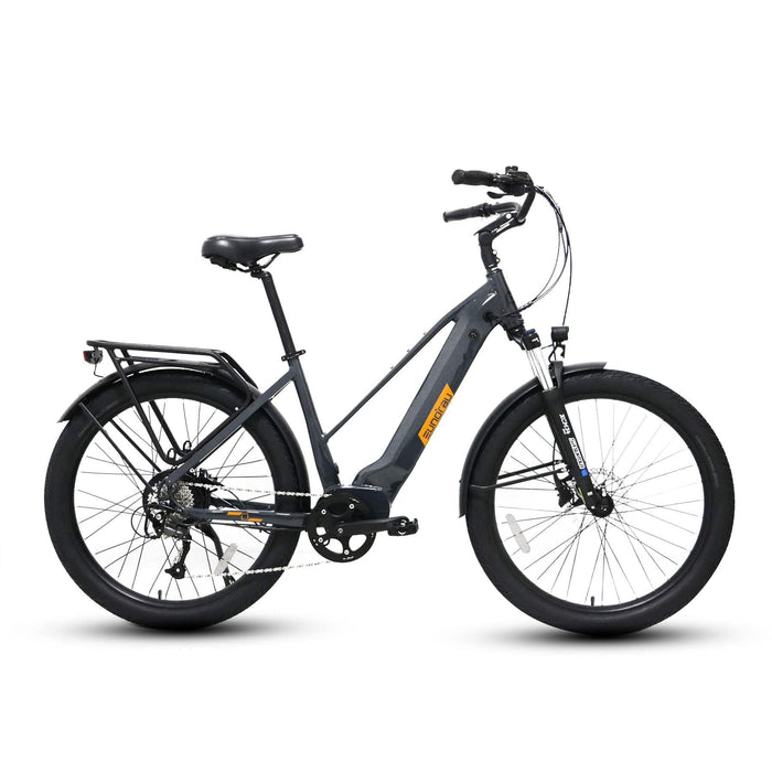 Eunorau Meta 275 Electric Full Suspension Mountain Bike in gray color with step over style facing the right