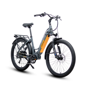 Eunorau Meta 275 Electric Full Suspension Mountain Bike in gray color with step thru style in front view