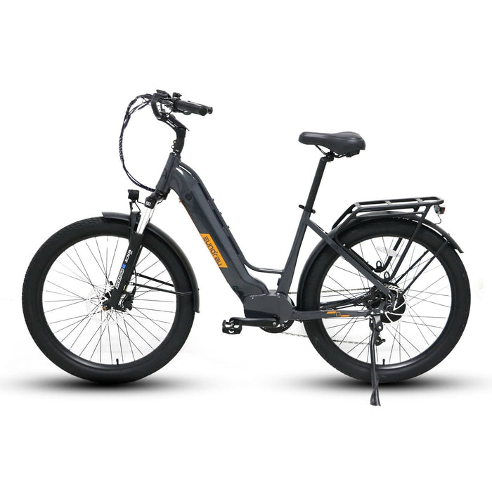 Eunorau Meta 275 Electric Full Suspension Mountain Bike in gray color with step thru style facing the left