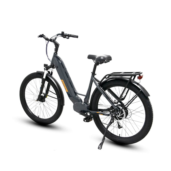 Eunorau Meta 275 Electric Full Suspension Mountain Bike in gray color with step thru style in rear view