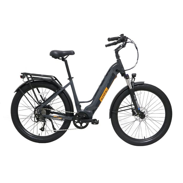 Eunorau Meta 275 Electric Full Suspension Mountain Bike in gray color with step thru style facing the right