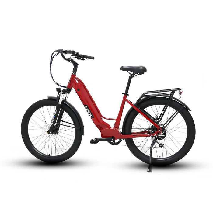 Eunorau Meta 275 Electric Full Suspension Mountain Bike in red color facing the left