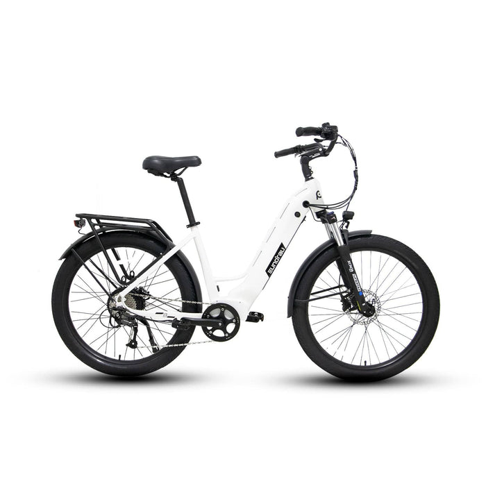 Eunorau Meta 275 Electric Full Suspension Mountain Bike in white color facing the right