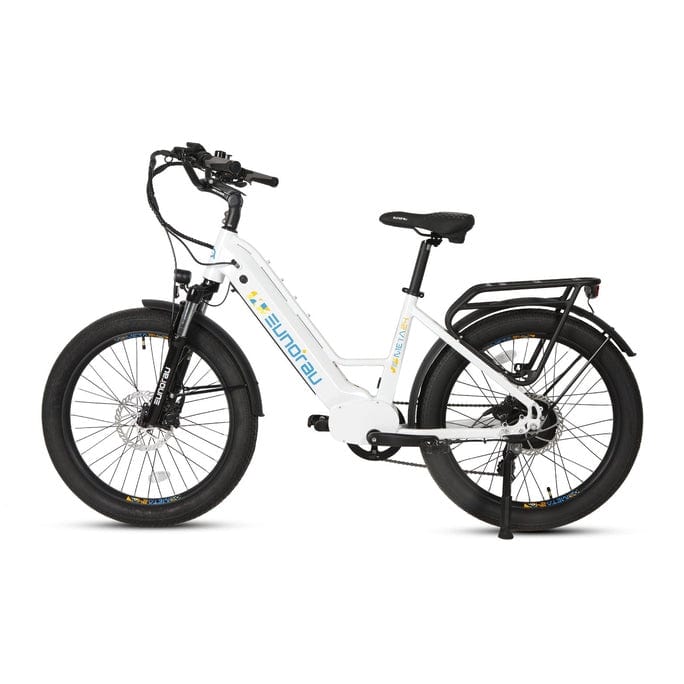 Eunorau Meta 2024 Electric Full Suspension Mountain Bike in Alpine White color facing the left