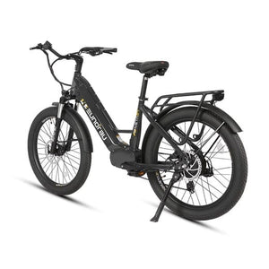 Eunorau Meta 2024 Electric Full Suspension Mountain Bike in dark charcoal color in rear view