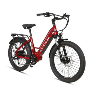 Eunorau Meta 2024 Electric Full Suspension Mountain Bike in deep crimson color in front view