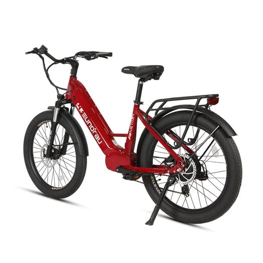 Eunorau Meta 2024 Electric Full Suspension Mountain Bike in deep crimson color in rear view