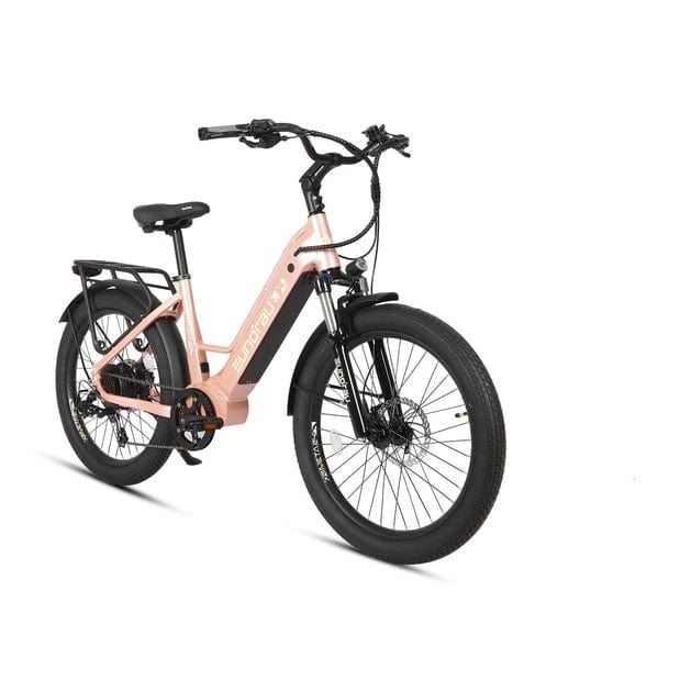 Eunorau Meta 2024 Electric Full Suspension Mountain Bike in pastel pink color in front view