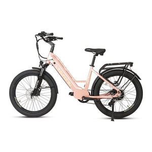 Eunorau Meta 2024 Electric Full Suspension Mountain Bike in pastel pink color facing the left