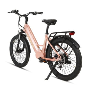 Eunorau Meta 2024 Electric Full Suspension Mountain Bike in pastel pink color in rear view