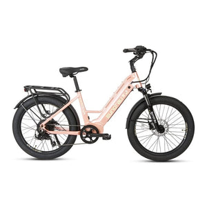 Eunorau Meta 2024 Electric Full Suspension Mountain Bike in pastel pink color facing the right