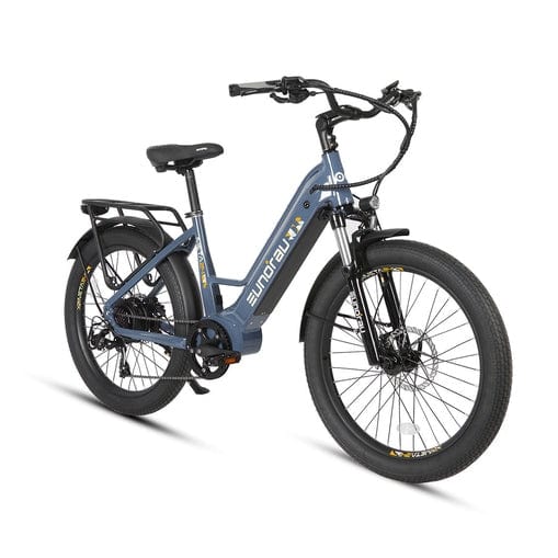 Eunorau Meta 2024 Electric Full Suspension Mountain Bike in steel blue color in front view