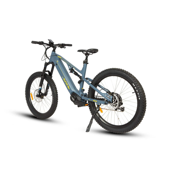 Eunorau Urus Full Suspension Electric Mountain Bike in moon black color in rear view