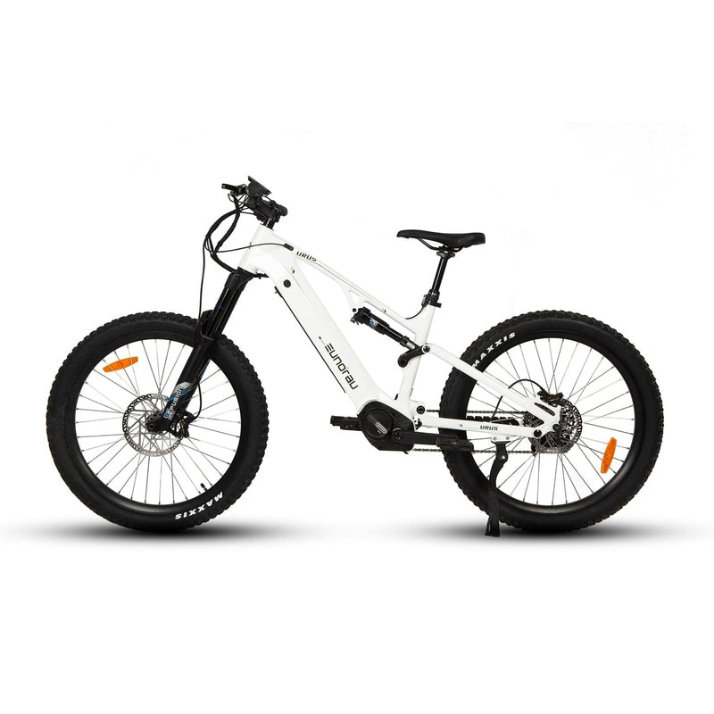 Eunorau Urus Full Suspension Electric Mountain Bike in white color facing the left