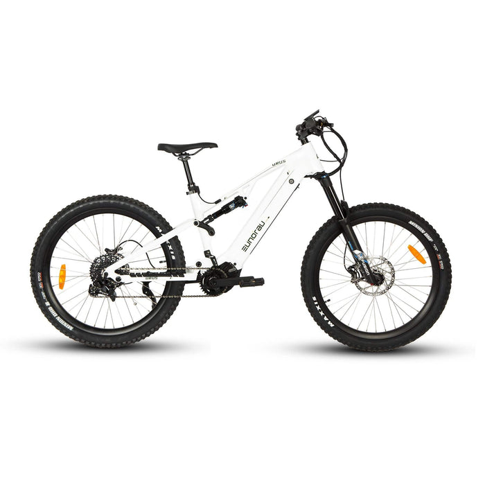 Eunorau Urus Full Suspension Electric Mountain Bike in white color facing the right