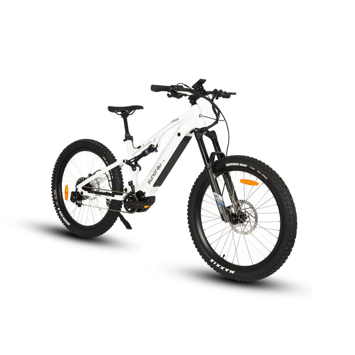 Eunorau Urus Full Suspension Electric Mountain Bike in white color in front view