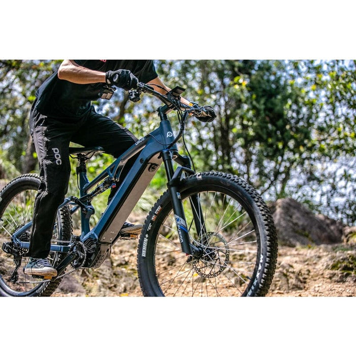 Eunorau Urus Full Suspension Electric Mountain Bike with rider