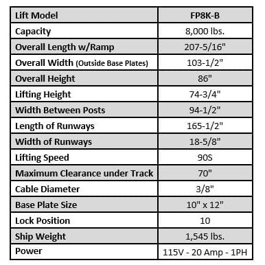 Tuxedo FP8K-B 8,000 lb Service Storage Lift - Basic