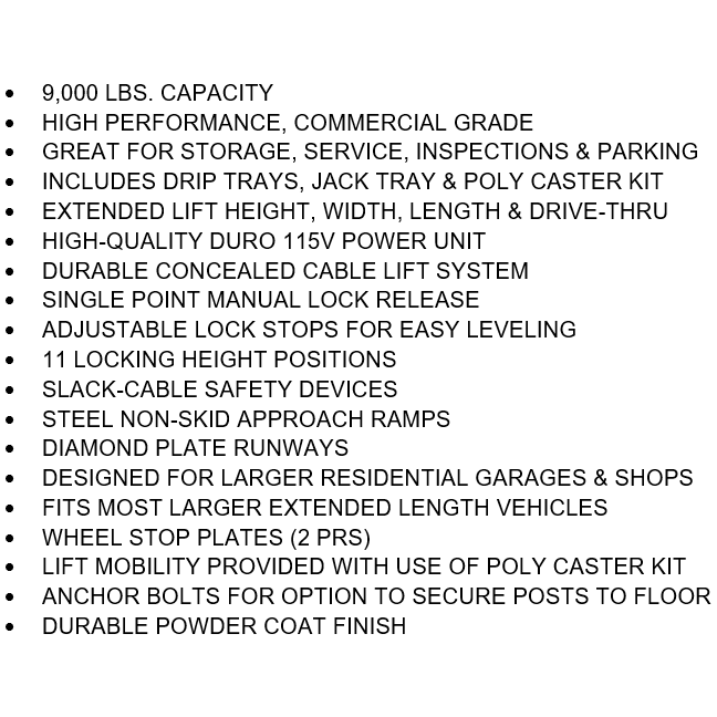 Tuxedo FP9K-DX-XLT 9,000 lb Deluxe Storage Lift Extended Length / Height - Poly casters, drip trays, jack tray