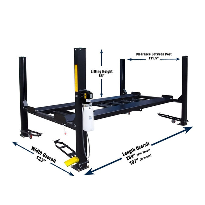 Tuxedo FP9K-DX-XLT 9,000 lb Deluxe Storage Lift Extended Length / Height - Poly casters, drip trays, jack tray