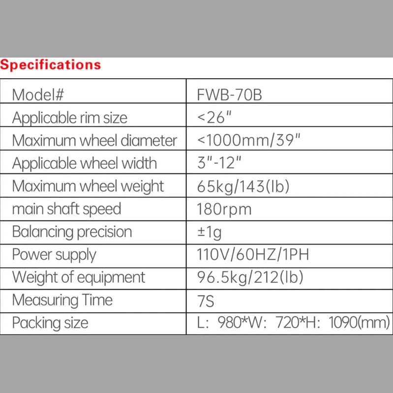 Fortisky FWB-70B Wheel Balancer Specifications