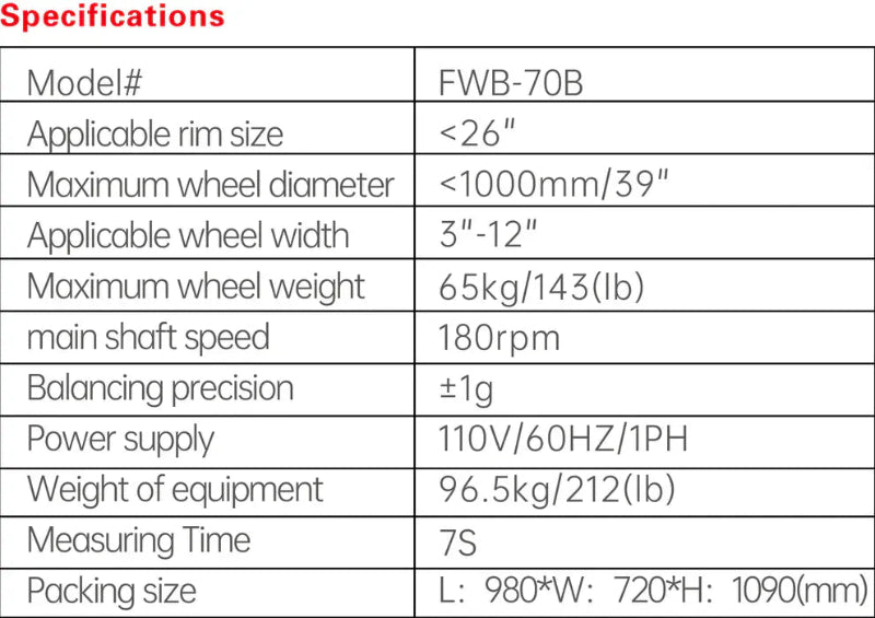 Fortisky FWB-70B Wheel Balancer Specifications