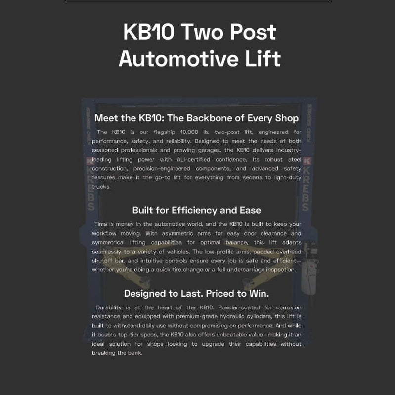 KREBS KB10/H 11800004 10,000lb 2-Post Automotive Lift Light Gray