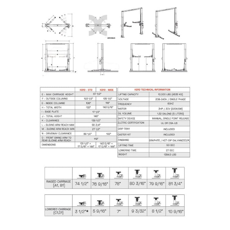 KREBS KB10/H-T 11853004 10,000lb 2-Post Automotive Lift Black