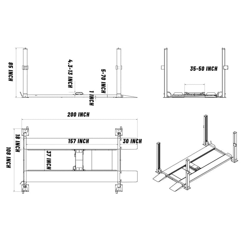 Katool KT-4H850 8,500lbs Heavy Duty 4 Post lift bottom dimensions