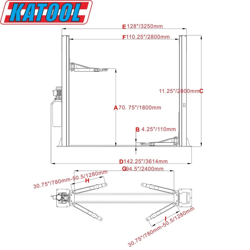 Katool KT-H100 Two Post Vehicle Lift 10,000lbs measurements