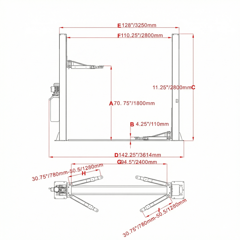Katool KT H105 Two Post Lift measurements